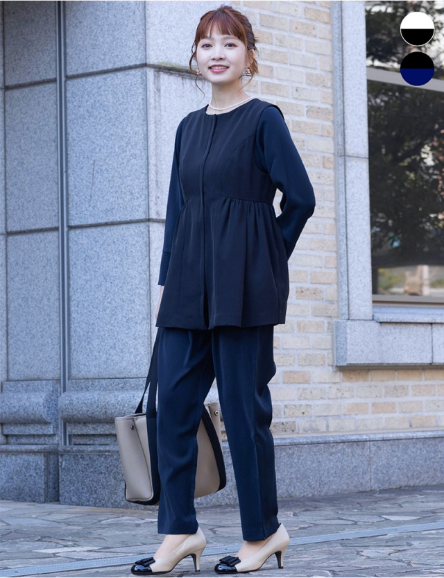 【セット特別価格】ペプラムジレ×バックシャンブラウス×テーパードパンツ セットアップ  3点セット※通常レディースサイズ※