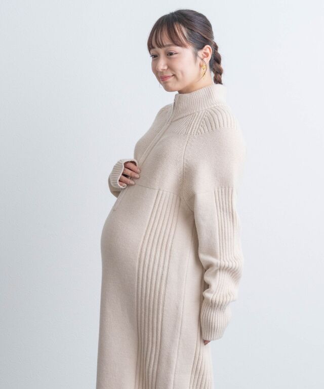 ハーフジップリブラインニットワンピース | マタニティウェア・授乳服