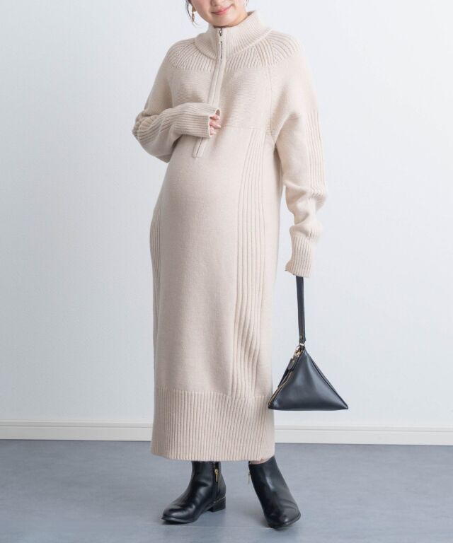 ハーフジップリブラインニットワンピース | マタニティウェア・授乳服