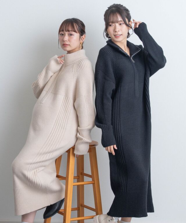 ハーフジップリブラインニットワンピース | マタニティウェア・授乳服