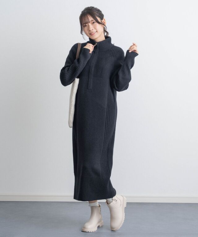 ハーフジップリブラインニットワンピース | マタニティウェア・授乳服