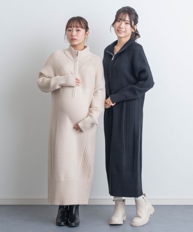 ハーフジップリブラインニットワンピース | マタニティウェア・授乳服