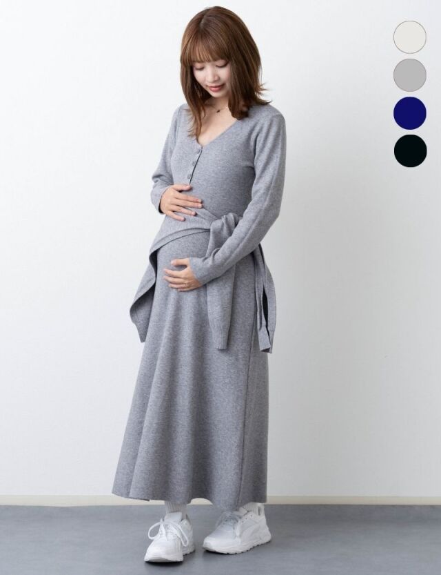 【新作早割】ヘンリーネック Aライン  ニット ワンピース  肩掛けニット付き2点セット マタニティ 授乳服 産後も使える
