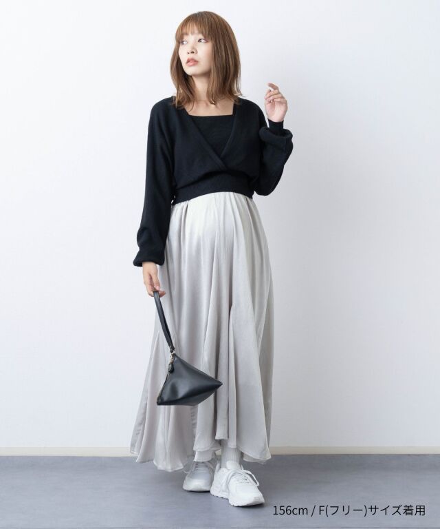 とろみニットトップス×フレアスカート セットアップ 3点セット