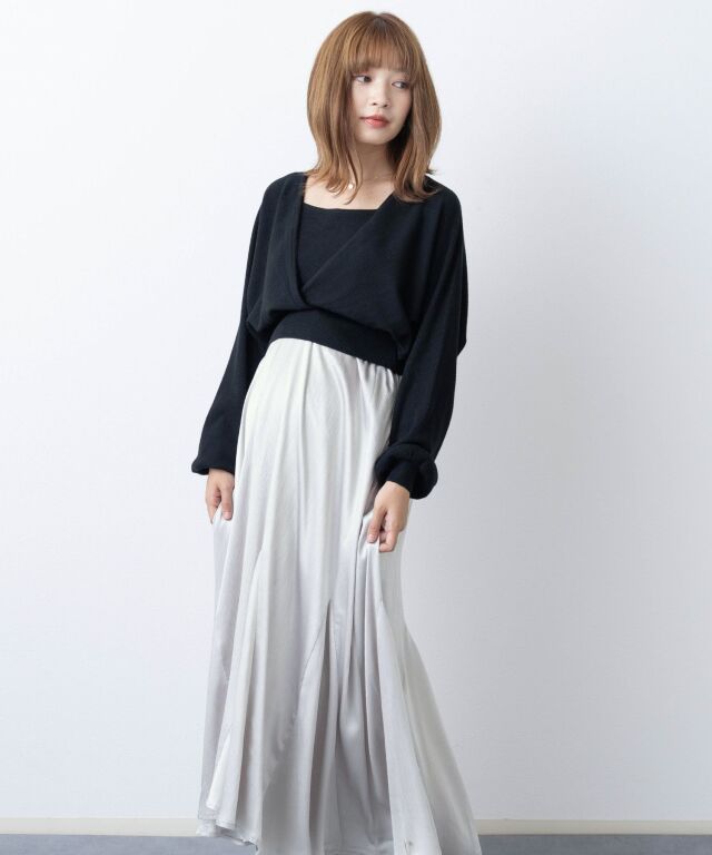 とろみニットトップス×フレアスカート セットアップ 3点セット