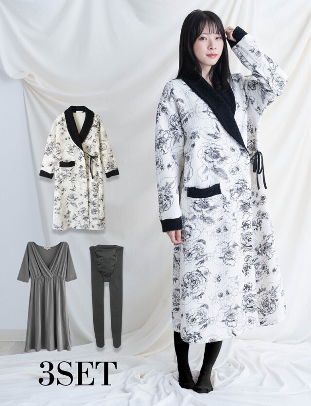 ビッグフラワーガウン マタニティパジャマ 3点セット マタニティ 授乳服 産後も使える