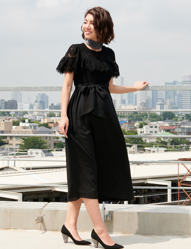 レース×フレアロングドレス 産前産後兼用 マタニティ 授乳服