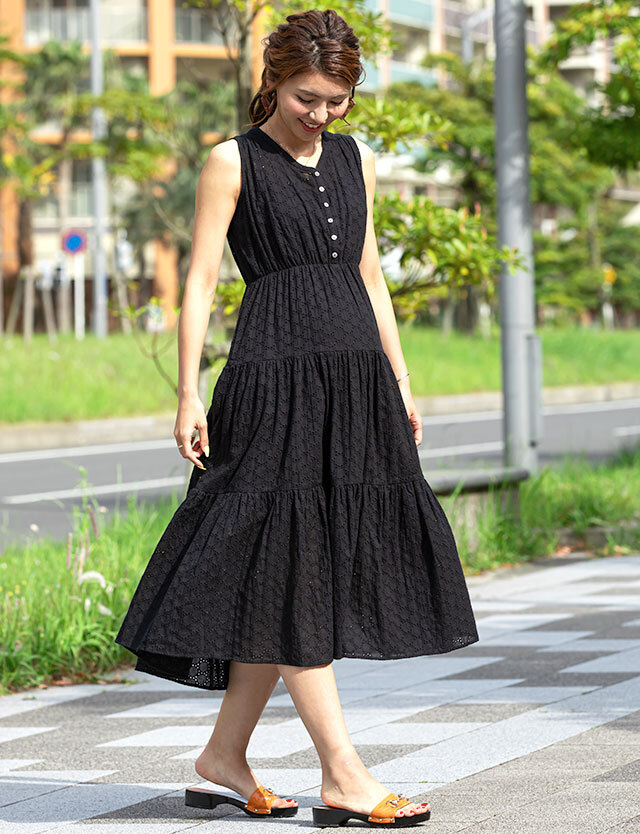 コットンレースティアードワンピース インナー付き マタニティ 授乳服