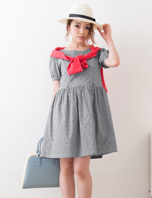【訳ありアウトレット】ギンガムチェック パフスリーブ ワンピース　マタニティウェア 授乳服
