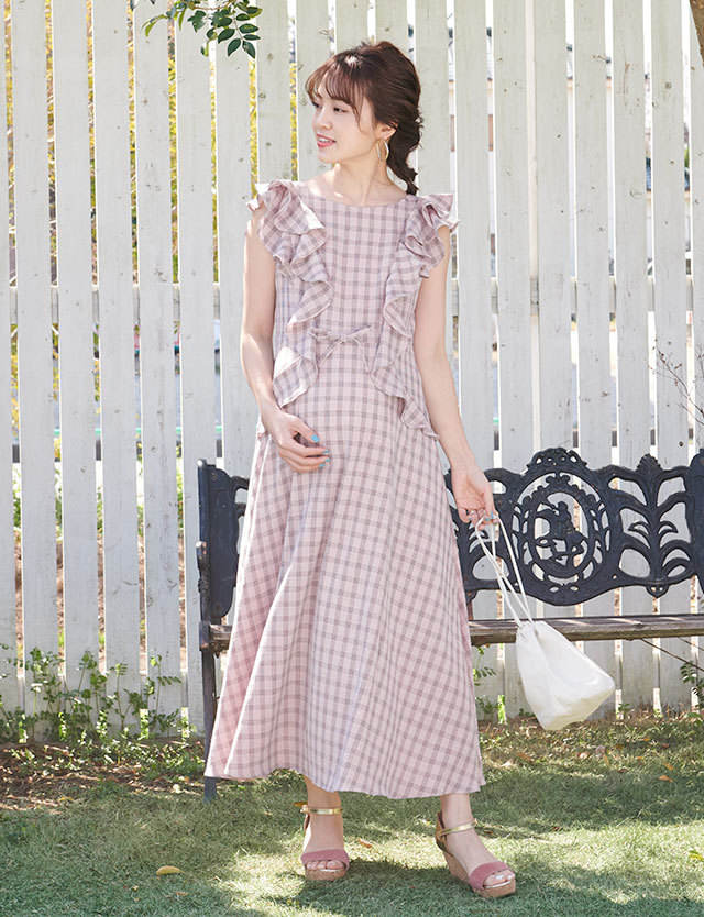 チェック柄フリルマキシワンピ 産前差後兼用 マタニティプチマキシワンピ スウィートマミー本店