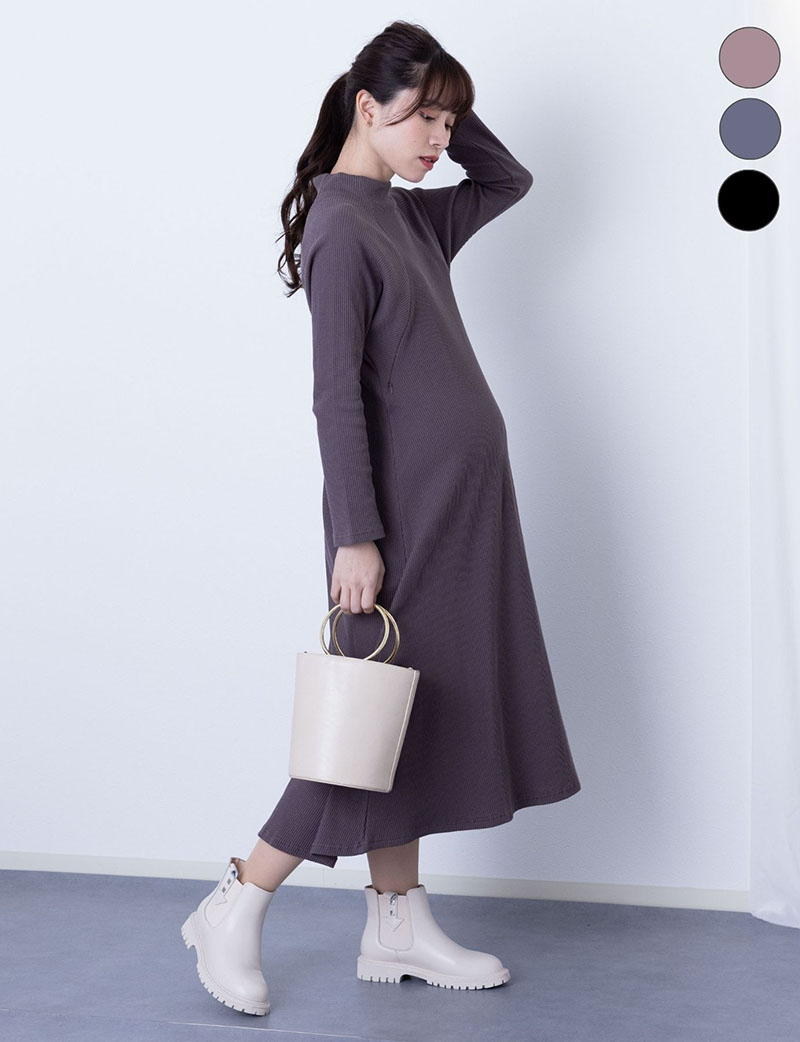 リブニットAラインワンピース 授乳服マタニティウェア 産前産後