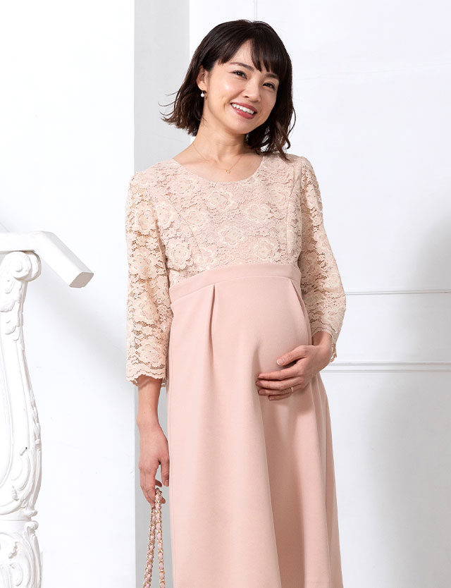 【訳ありアウトレット】バイカラーレースワンピース 7分袖　授乳服マタニティウェア 