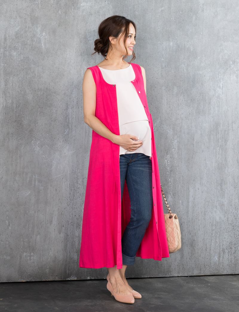 【訳ありアウトレット】リネンノースリーブロングワンピース ペチコート付き3点セット  マタニティ 授乳服 産後も使える
