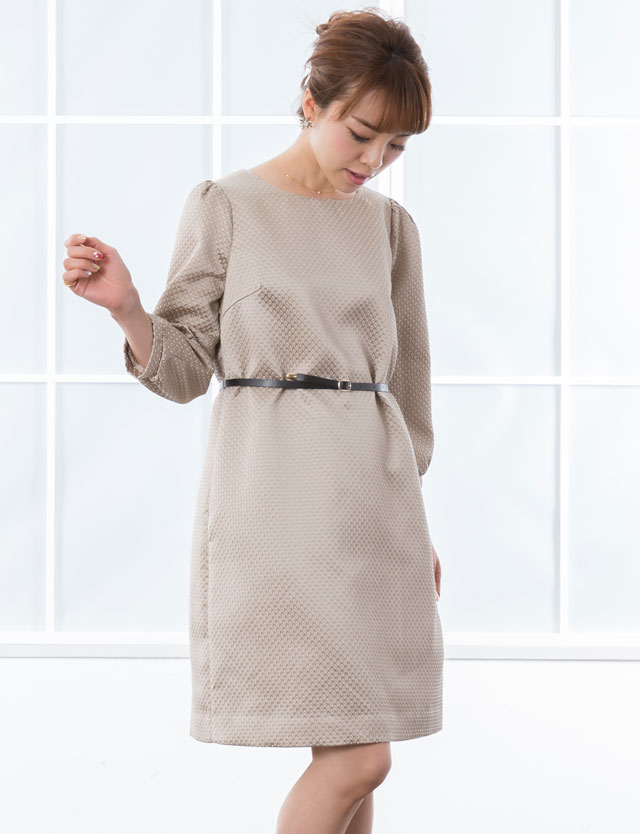 【訳ありアウトレット】ジャガードAラインワンピース レザーベルト付き so6009 ママドレス/オフィス/授乳服/マタニティウェア