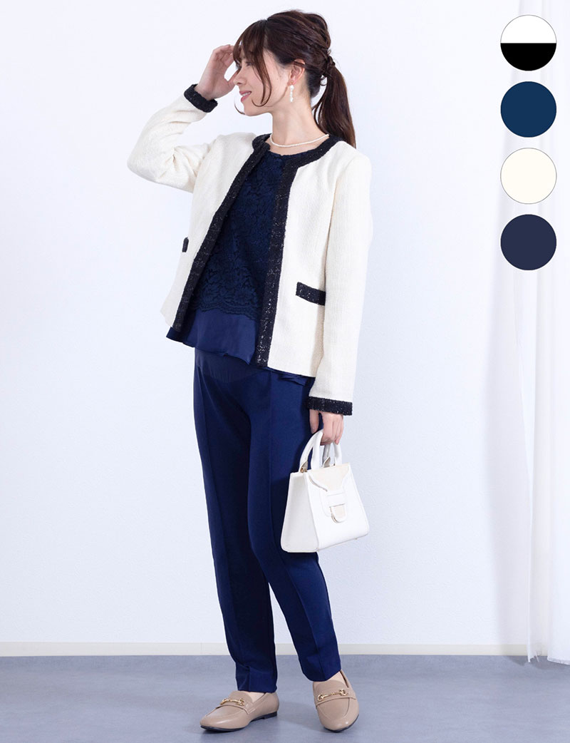 【セット特別価格】フォーマル テーパードパンツスーツ＆ツイードジャケット 3点セット マタニティ 授乳服 産後も使える【ご試着可】
