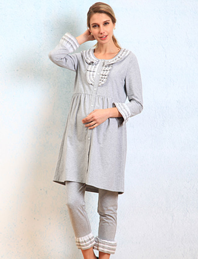 【アウトレット】ツートーンマタニティパジャマ 授乳口付（3点セット）