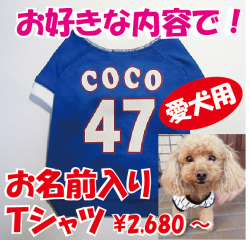 お名前入り！「お好きな内容」の愛犬の野球ユニフォーム　犬の服　ドッグウェア名入れＴシャツ　セミオーダー　ペット用　犬　猫　ギフトにも！