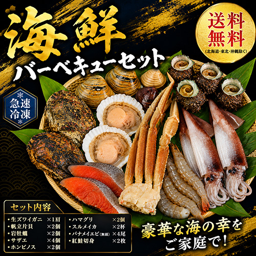 【送料無料】 海鮮BBQセット 9種 (カニ/帆立/岩牡蠣/サザエ/ホンビノス/ハマグリ/鮭切身/エビ/イカ) [お中元 ギフト]