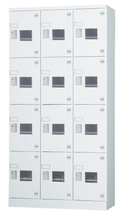 12人用ロッカー（3列4段・深型）コーナーガード付き GLK-K12CDTSW 窓付き（鍵無し引手）【受注生産】 幅900×奥行450×高さ1790mm