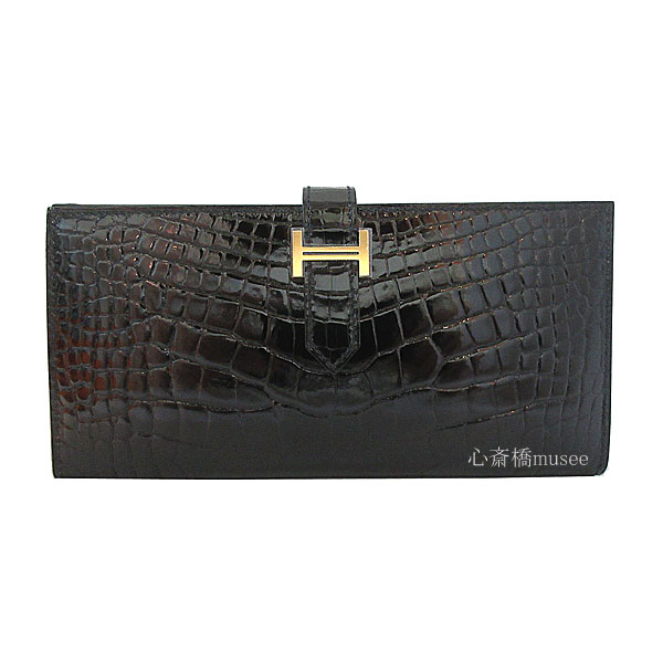 ≪新品≫ HERMES　エルメス　ベアンスフレ アリゲーター シャイニー 黒 ゴールド金具 箱 リボン ラッピング HERMES Bearn Souffle Crocodile Alligator Black Gold Backle