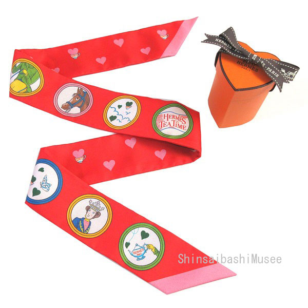 ≪新品≫ エルメス ツイリー Tea Time / ティータイム　ルージュヴィフ/ヴェール/マルチカラー rouge vif/vert/multicolor 赤 ピンク ミニ スカーフ ミニ スカーフ 箱 リボン ラッピング ハート Hermes Twilly
