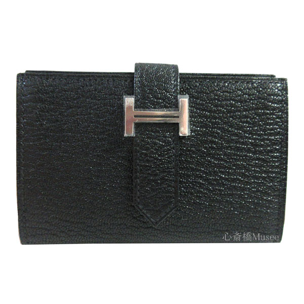 ≪ 新品 ≫ エルメス ベアン ミニ ノワール 黒 ブラック シルバー金具 箱付きラッピング ベアンミニ ミニ財布 カードケース Wallet Bearn Mini Noir Black Chevre myzore Silver Backle