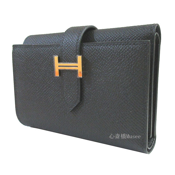 ≪新品≫ HERMES　エルメス　ベアン コンビネ 三つ折り ミニ財布 黒ブラック エプソン ゴールド金具 W刻印 箱 リボン ラッピング ベアンミニ HERMES Bearn Combine Black Gold Backle Epson