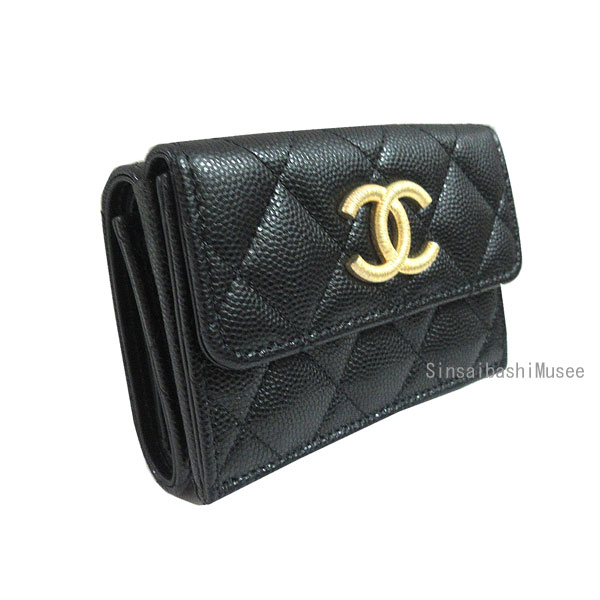 ≪新品≫CHANEL シャネル マトラッセ フラップ スモールウォレット 財布 ミニ キャビア 黒 ブラック ゴールド金具 箱 リボン カメリア ラッピング ココ ≪Brand new≫ CHANEL Flap Small Wallet Black Gold Big CC Mark