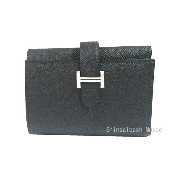 ≪ 新品 ≫ HERMES　エルメス　ベアン コンビネ 三つ折り ミニ財布 黒ブラック エプソン シルバー金具 箱 リボン ラッピング ベアンミニ K刻印