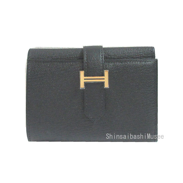 ≪新品≫ HERMES　エルメス　ベアン コンビネ 三つ折り ミニ財布 シェーブル 黒 ブラック ピンク　ローズゴールド 金具 箱 リボン ラッピング ベアンミニ HERMES Bearn Combine Black Pink Rose Gold Backle Chevre