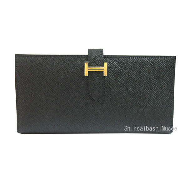 ≪Brand new≫ HERMES Bearn Souffle Black Gold Backle Epsom Box Ribbon Wrapping Long Wallet ≪ 新品 ≫ HERMES エルメス ベアンスフレ エプソン 黒 ゴールド金具 箱 リボン ラッピング