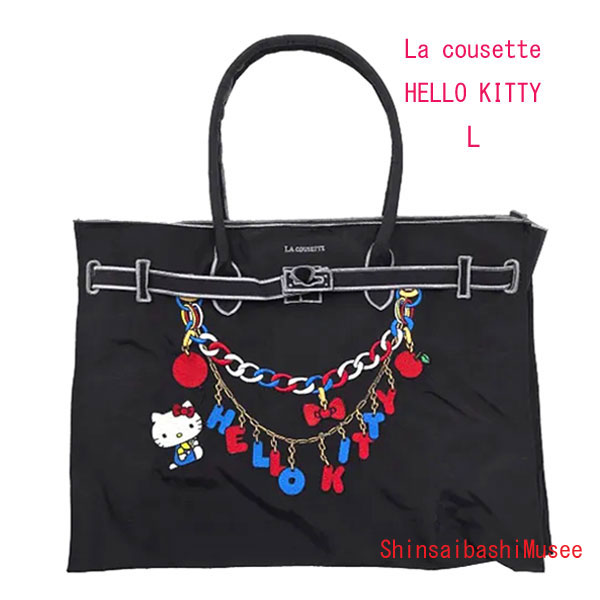 ≪Brand new≫ LA COUSETTE HELLO KITTY CHARM / New Classical Eco Bag L BLACK ≪ 新品 ≫ LA COUSETTE ラクゼット ハローキティ チャーム デザイン ニュークラシックエコバッグ L ブラック 黒 トートバッグ 