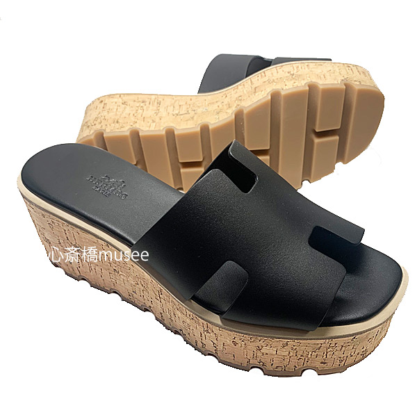 ≪ 新品 ≫ エルメス エズ 30 サンダル 38 レザー　コルク　ラバーソール ブラック 黒 HERMES Eze 30 sandal　size 38　H Black　箱 リボン　ラッピング　オラン