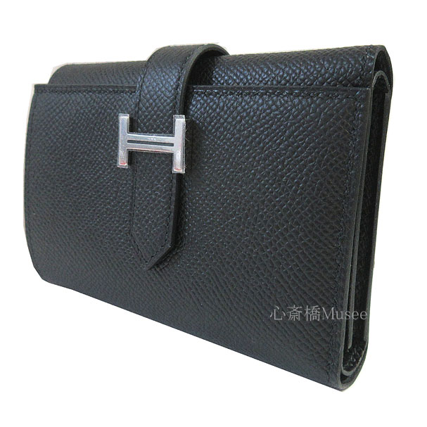 ≪ 新品 ≫ HERMES　エルメス　ベアン コンビネ 三つ折り ミニ財布 黒ブラック エプソン シルバー金具 箱 リボン ラッピング ベアンミニ W刻印 HERMES Bearn Combine Black Silver Backle Epson 2024年製造