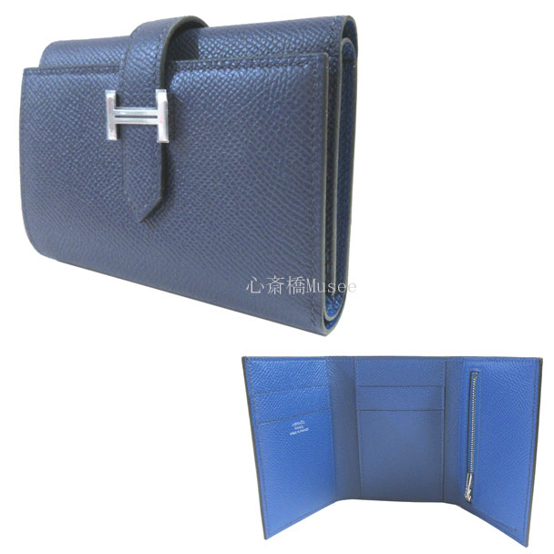 ≪ 新品 ≫ HERMES　エルメス　ベアン コンビネ 三つ折り ミニ財布  エプソン ブルーサフィール ブルーフランス バイカラー シルバー金具 コンピ 箱 リボン ラッピング ベアンミニ U刻印 HERMES Bearn Combine Blue Saphir Blue France Silver Backle Epson 2022年製造
