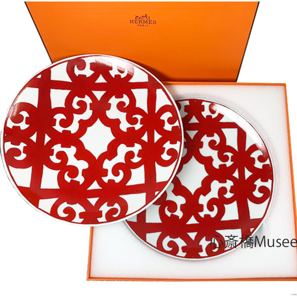 ≪ 新品 ≫ HERMES エルメス ガダルキヴィール シリーズ デザートプレート 21cm ２枚セット 皿 デッシュ プレート GUADALQUIVIR White / Red プレゼント 箱　レア！ ホワイト/レッド 赤 白