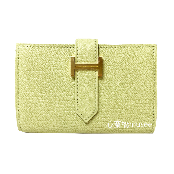≪ 新品 ≫ エルメス ベアン ミニ ジョーヌブルジョン ゴールド金具 シェーブル 箱 リボン ラッピング  ミニ 財布 カードケース B刻印　HERMES Wallet Bearn Mini Jaune bourgeon Chevre myzore Gold Backle