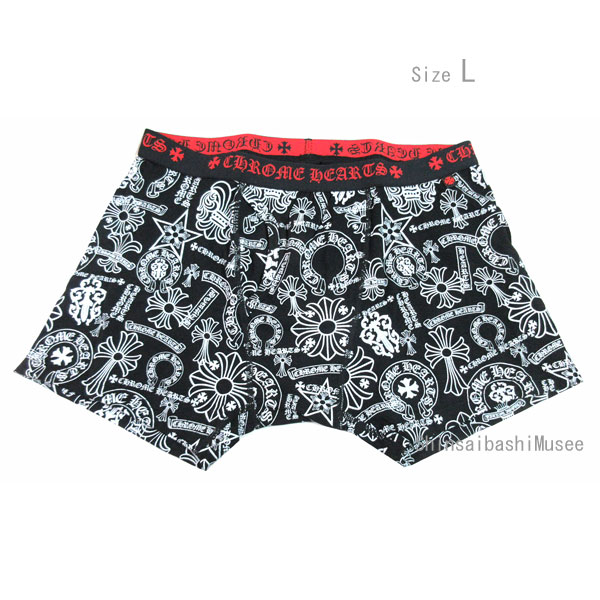 《新品》CHROMEHEARTS クロムハーツ ショート ボクサー パンツ ミックスド モチーフ 黒 白 赤ロゴ Lサイズ メンズ 箱 正規品 ≪Brand new≫Chrome Hearts Men's Short Boxer Shorts Mixed Motif Black White Red Logo Size L Authentic