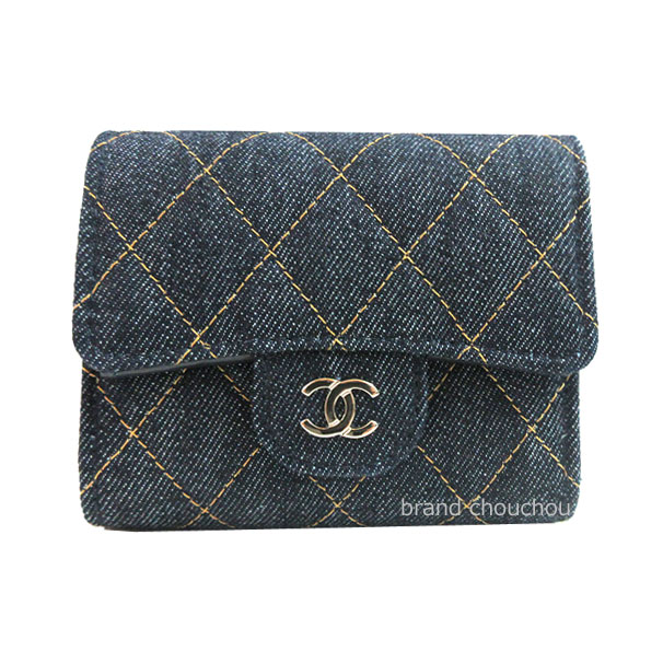 ≪新品≫シャネル スモールウォレット デニム 三つ折り財布 AP0229 B23492 U7663 ダークブルー CCマーク ゴールド金具 ミニ 箱 リボン ラッピング ≪Brandnew≫CHANEL Small Denim Wallet Dark Blue CC Mark Gold Mini Wrapping