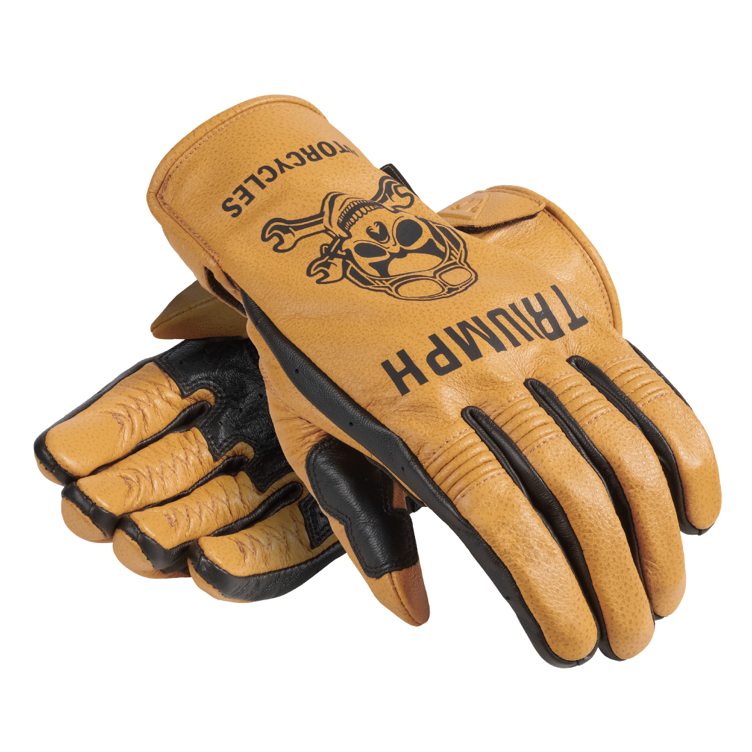 トライアンフレザーグローブ：HELLO MOTO GLOVE  GOLD/BLACK