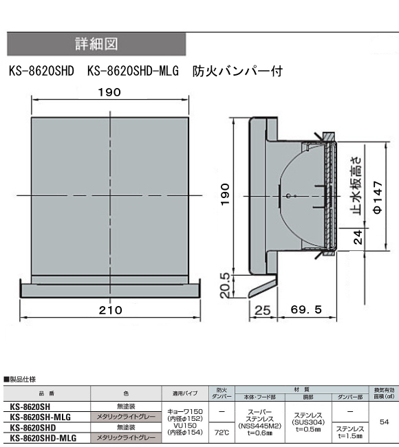 キョーワナスタ 換気部材 スーパースリムフード(防火ダンパー付