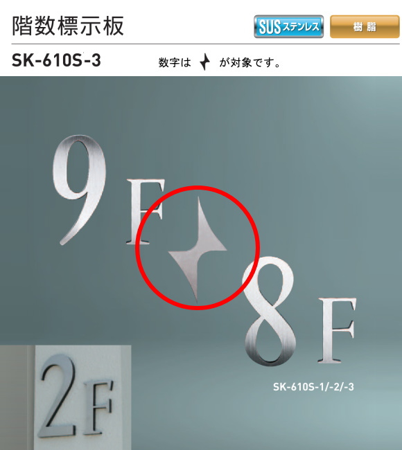 新協和　階数標示板　SK-610S-3　H185xW105xD10。ステンレス製。壁面用