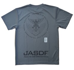 自衛隊グッズ　メンズTシャツ　航空自衛隊徽章とJASDF　グレー×黒　速乾タイプ