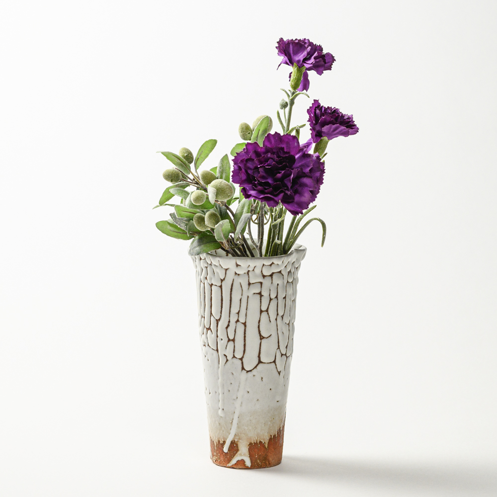 萩焼(伝統的工芸品)花入小鬼白松筒三つ葉No1445