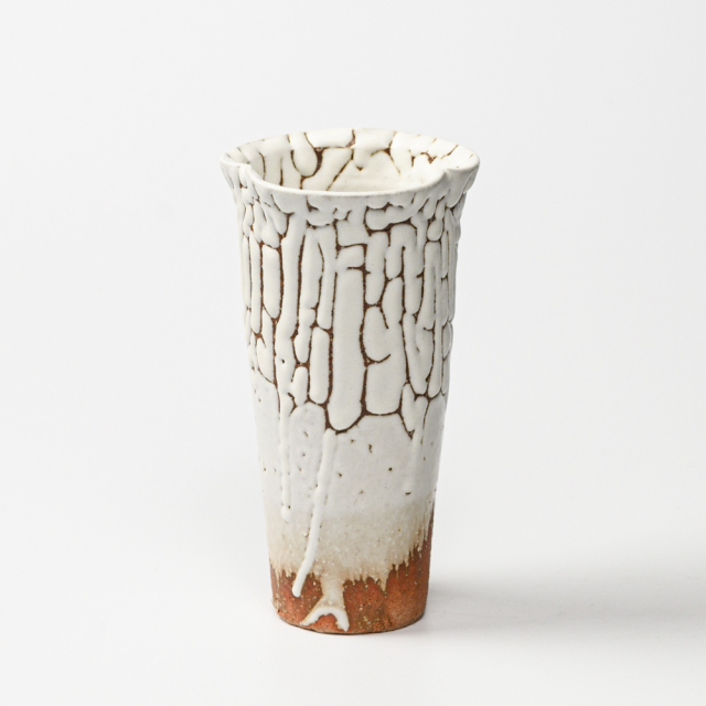 益子焼 壺 花瓶 【三村北土】 糠白釉掻落文 工芸品 （花器｜益子