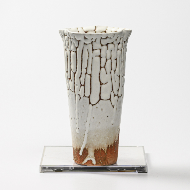 萩焼(伝統的工芸品)花入小鬼白松筒三つ葉No1445