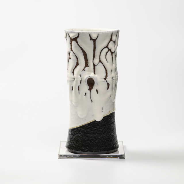 【美品】萩焼 花器 春夏秋冬 萩焼(伝統的工芸品)花入特大掛分け(鬼白松&黒釉)