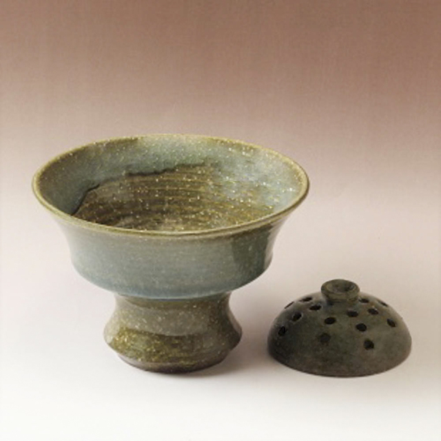 萩焼(伝統的工芸品)コンポート小鉄青釉端反(花留め選択)No1649