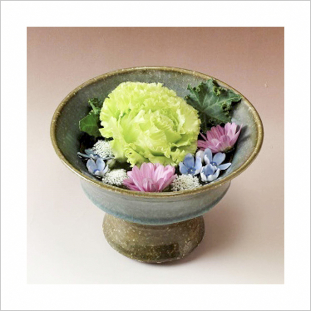 萩焼(伝統的工芸品)コンポート小鉄青釉端反(花留め選択)No1649