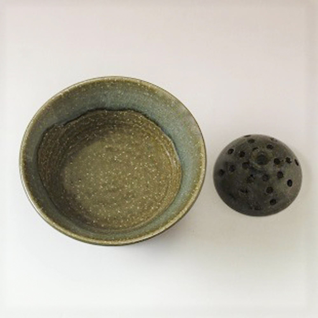 萩焼(伝統的工芸品)コンポート小鉄青釉端反(花留め選択)No1649